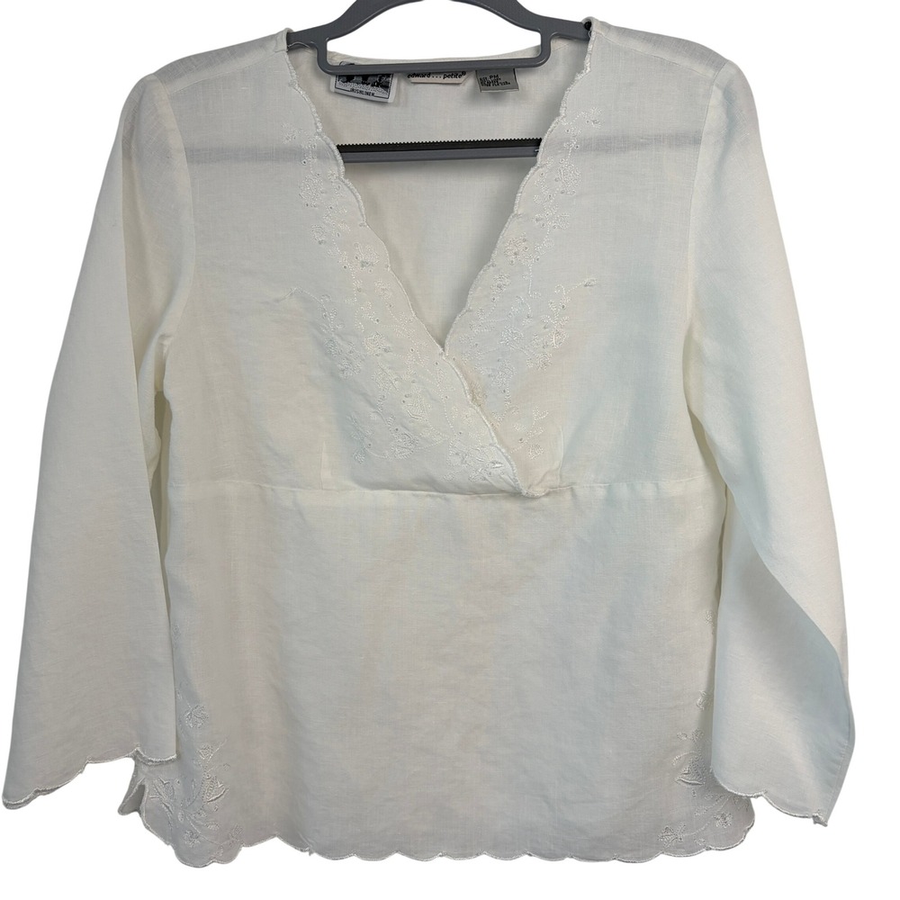Edward Petite Blouse‎ PM White Irish Linen Embroidered Scalloped V-Neck RN 95539